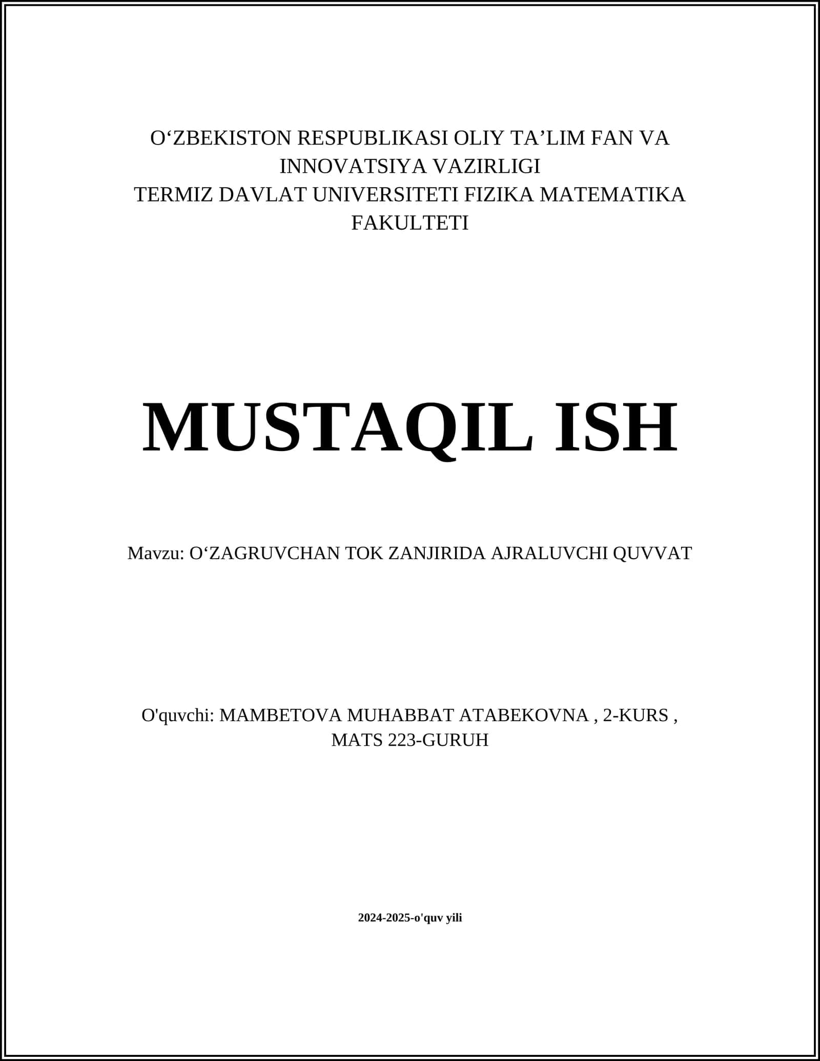 OʻZAGRUVCHAN TOK ZANJIRIDA AJRALUVCHI QUVVAT 1