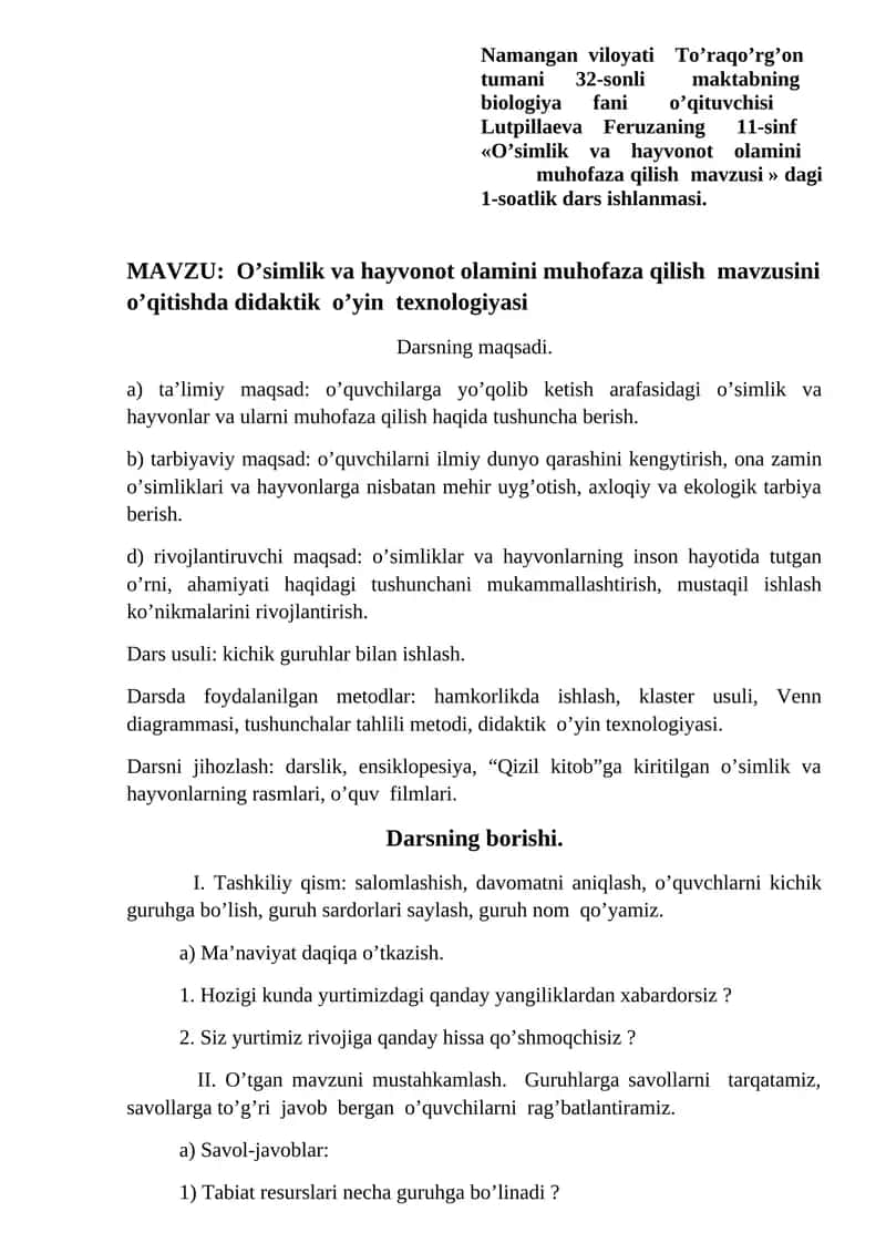 O’simlik va hayvonot olamini muhofaza qilish mavzusi 1
