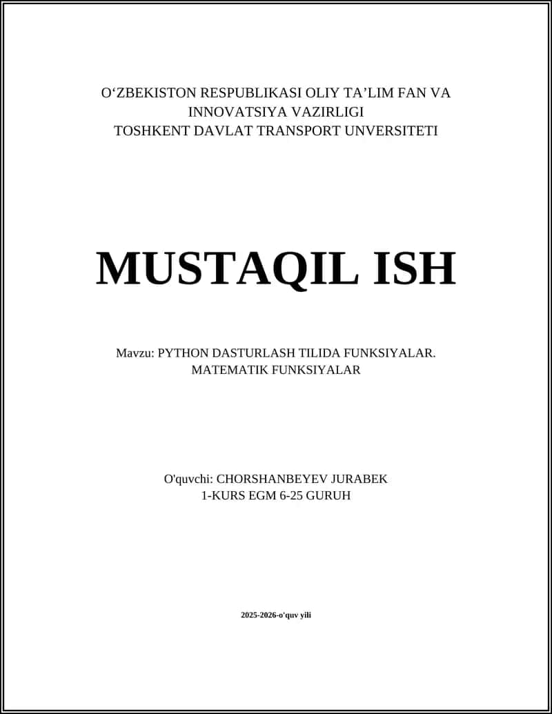 PYTHON DASTURLASH TILIDA FUNKSIYALAR 1