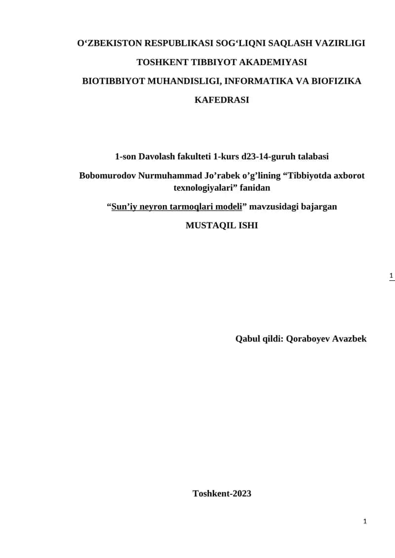 Sun’iy neyron tarmoqlari modeli 1