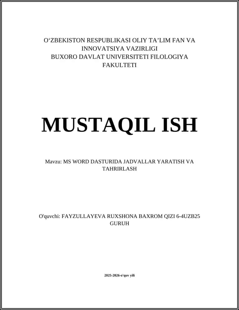 MS WORD DASTURIDA JADVALLAR YARATISH VA TAHRIRLASH 1