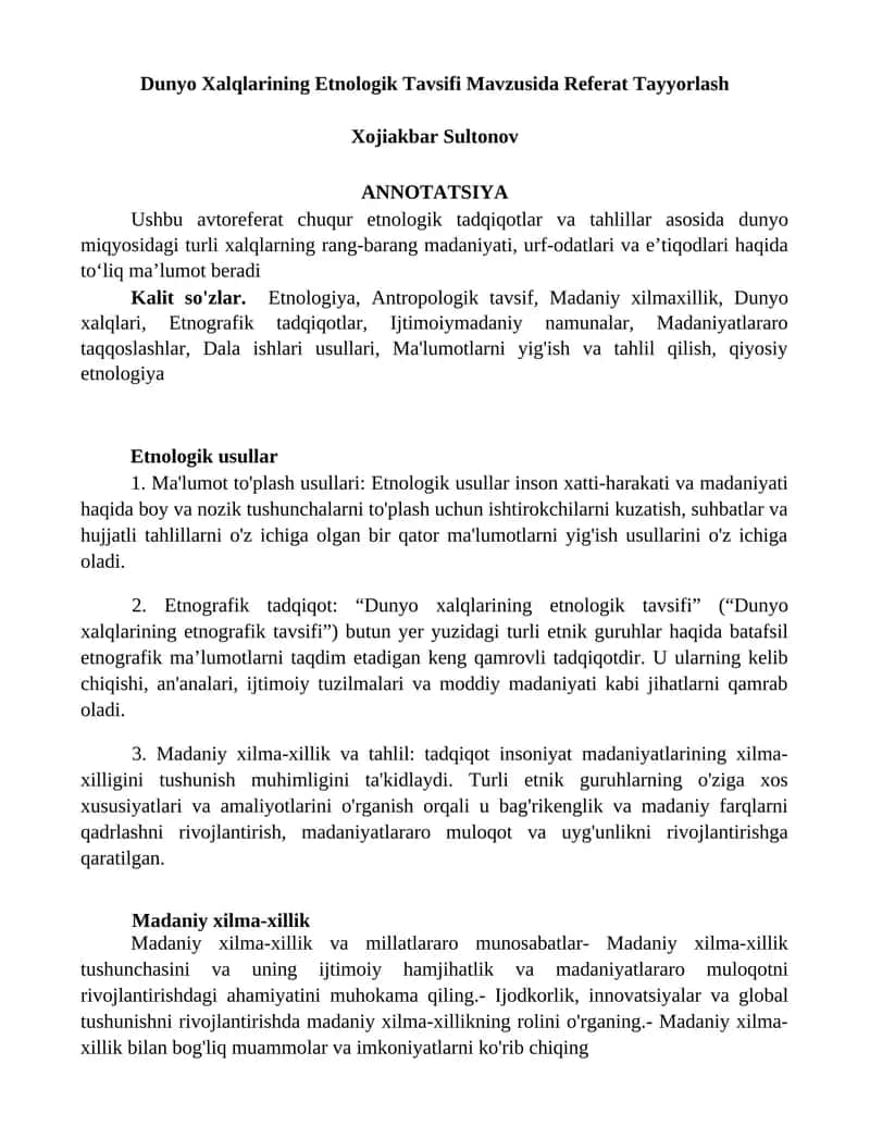 Dunyo Xalqlarining Etnologik Tavsifi Mavzusida Referat Tayyorlash 1