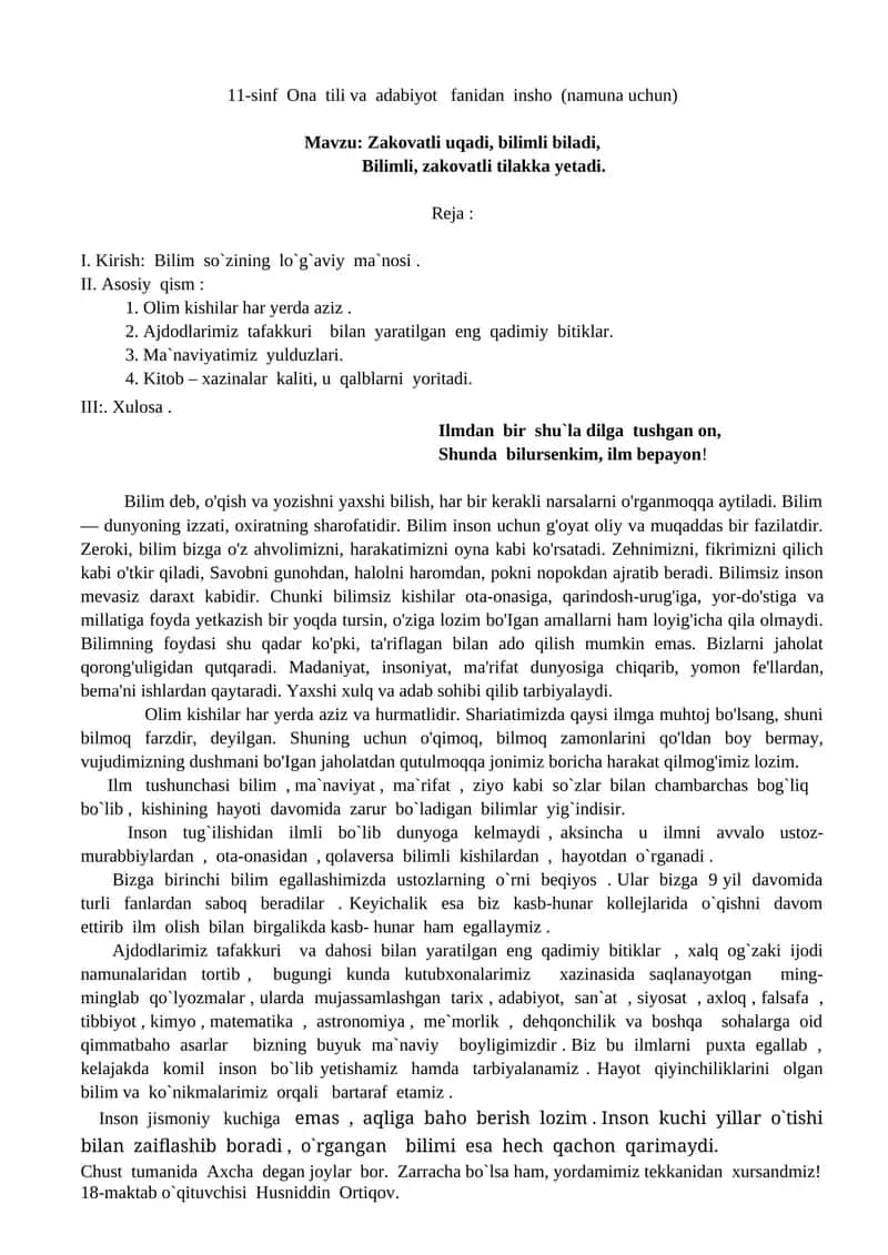 11-sinf Ona tili va adabiyot fanidan insho (namuna uchun) 1