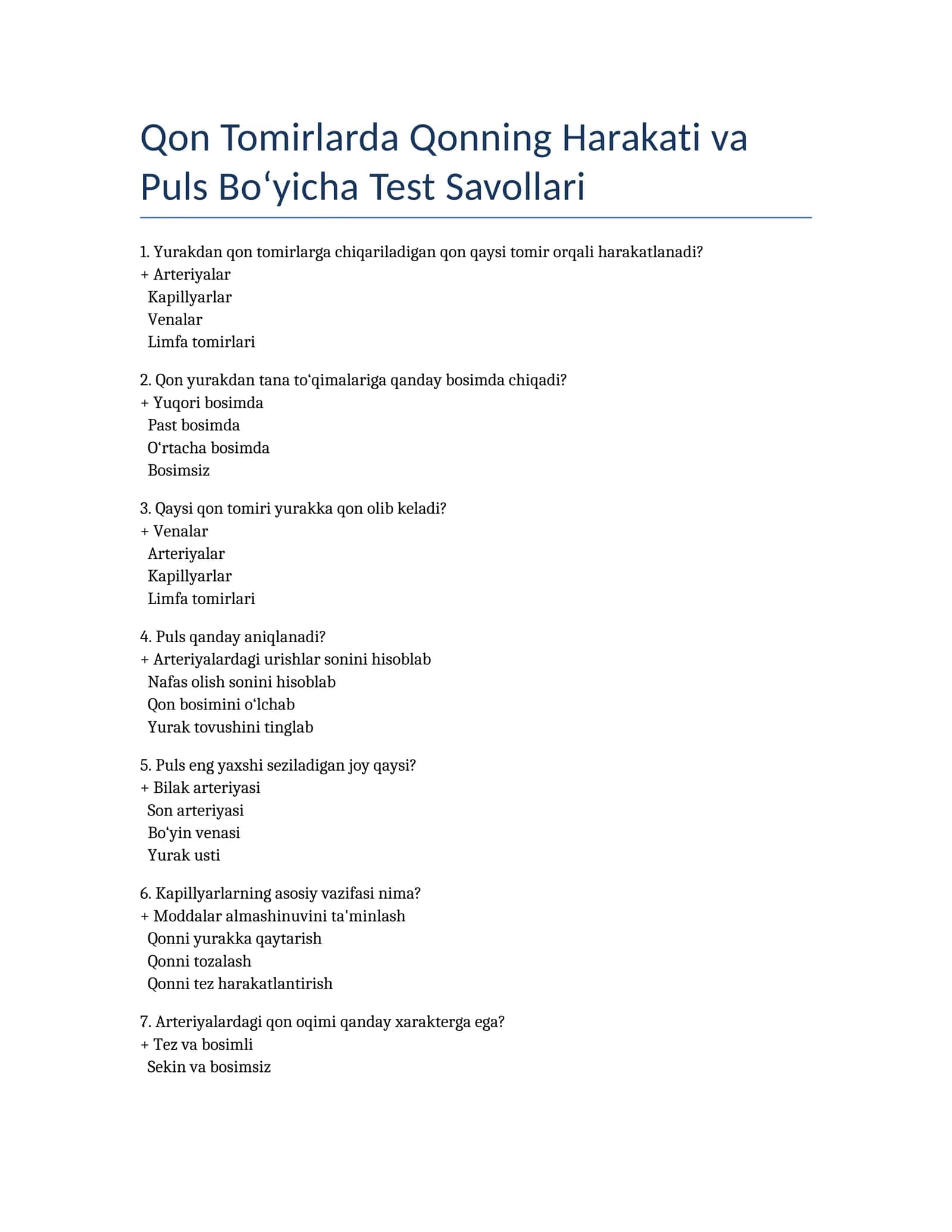 Qon Tomirlarda Qonning Harakati va Puls Bo‘yicha Test Savollari 1