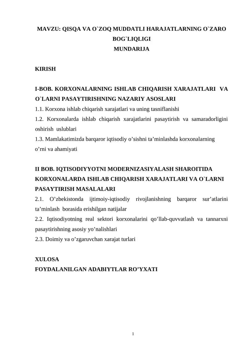 QISQA VA O`ZOQ MUDDATLI HARAJATLARNING O`ZARO BOG`LIQLIGI 1