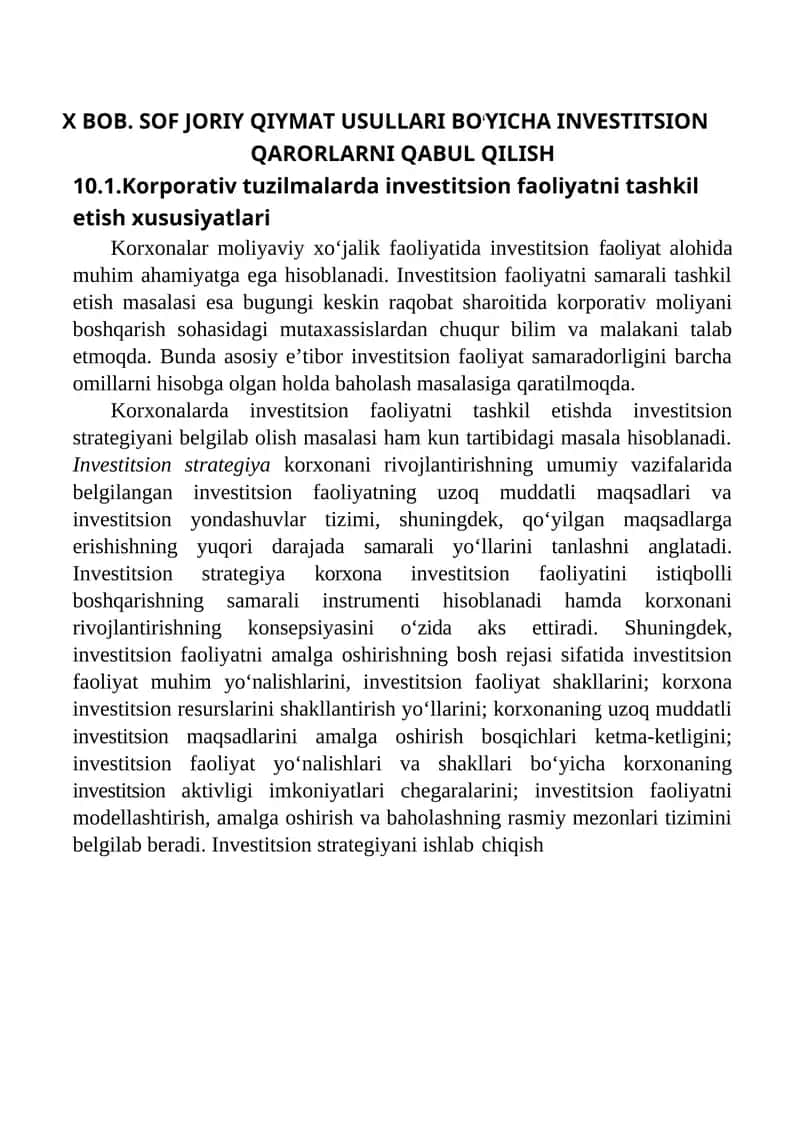 SOF JORIY QIYMAT USULLARI BOʻYICHA INVESTITSION QARORLARNI QABUL QILISH 1