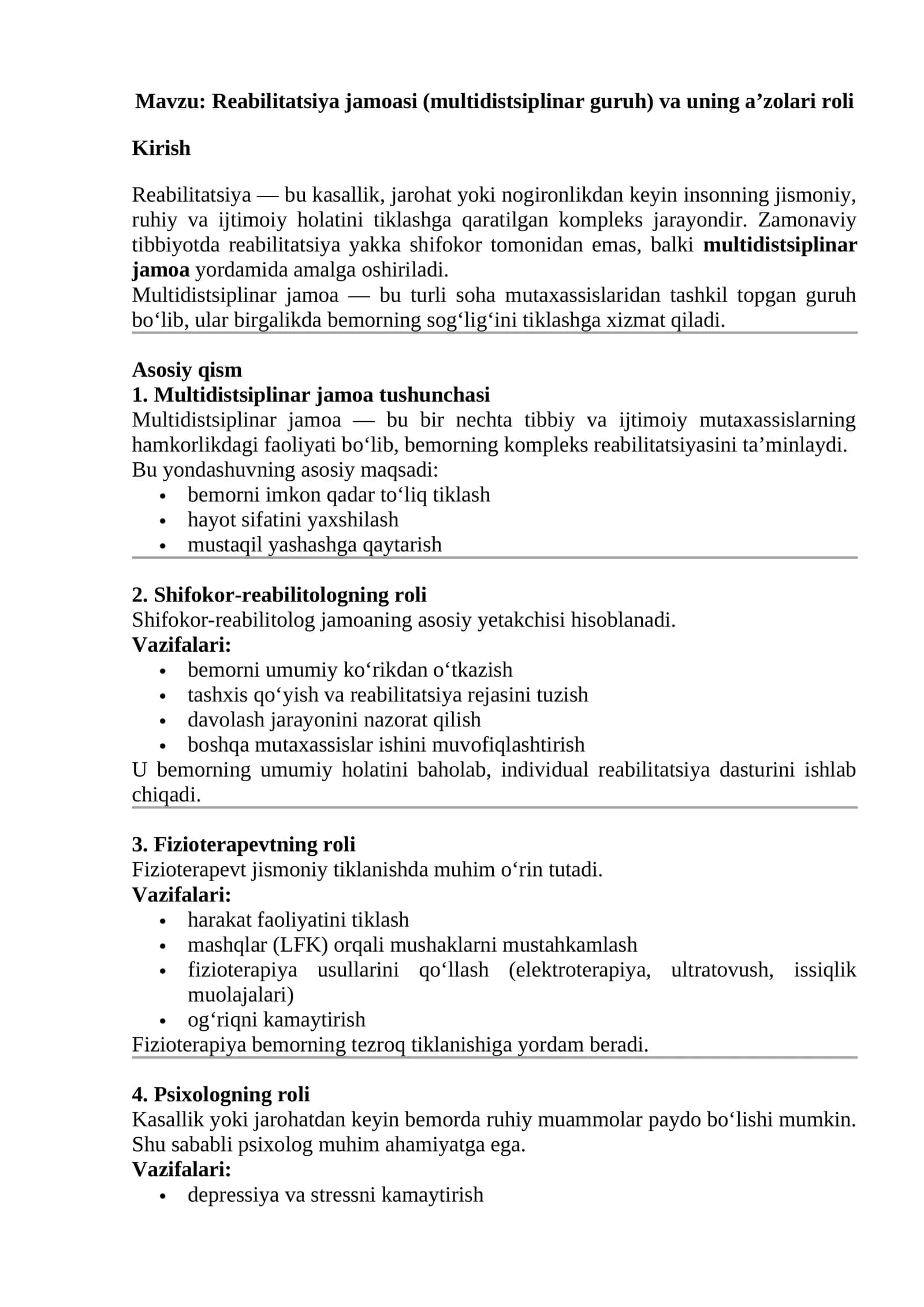 Reabilitatsiya jamoasi (multidistsiplinar guruh) va uning a’zolari roli 1