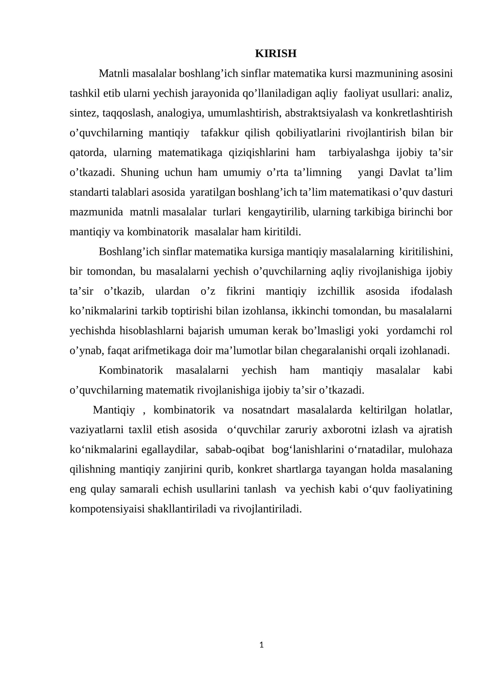 Boshlang'ich sinflar matematika kursi 1
