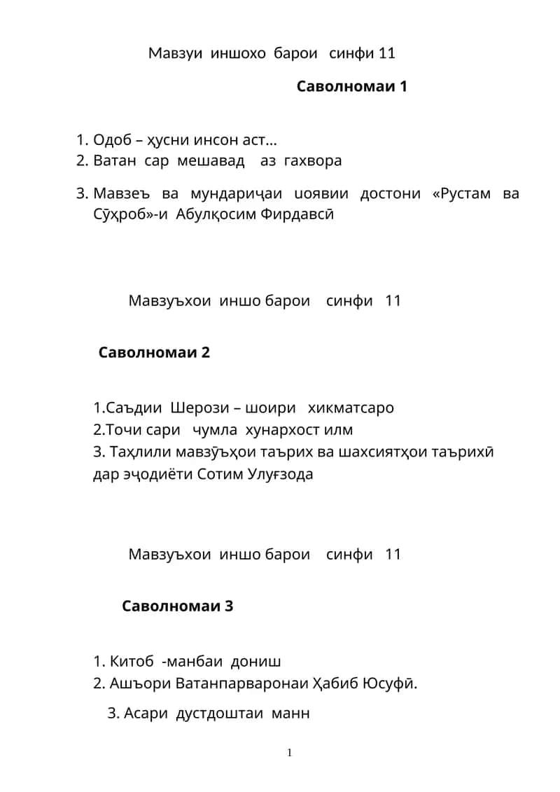 Мавзуъхои иншо барои синфи 11 1