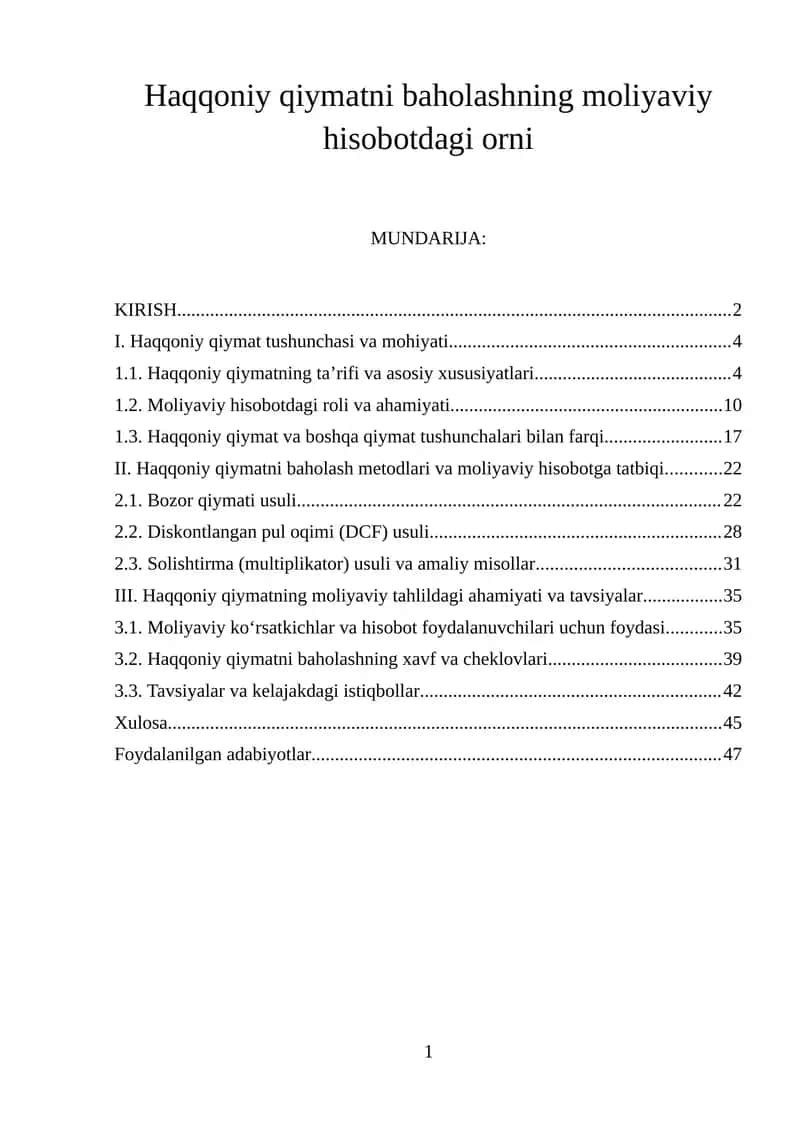 Haqqoniy qiymatni baholashning moliyaviy hisobotdagi orni 1