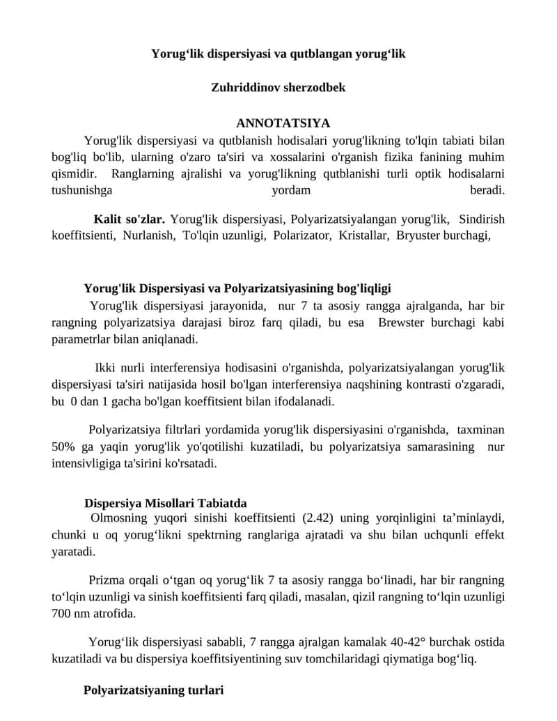 Yorug'lik dispersiyasi va qutblangan yorug'lik 1