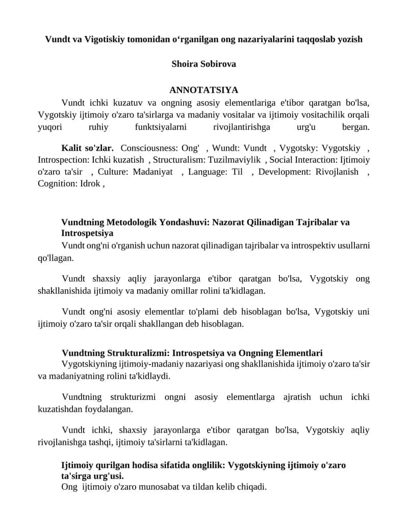 Vundt va Vigotiskiy tomonidan oʻrganilgan ong nazariyalarini taqqoslab yozish 1