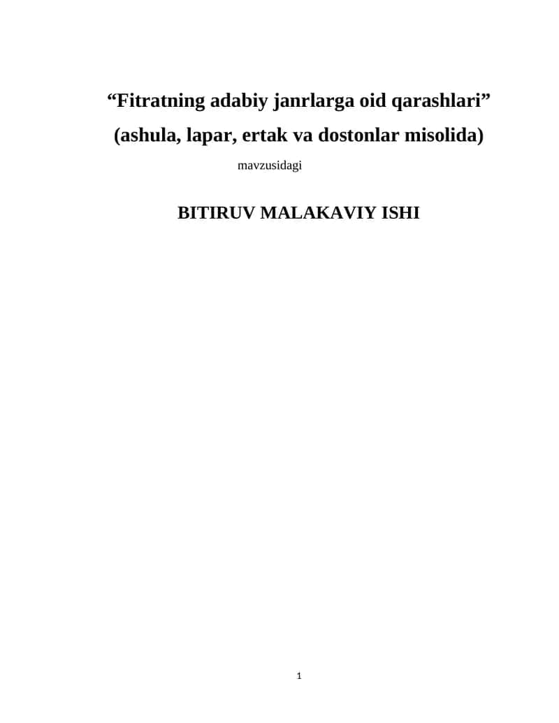 “Fitratning adabiy janrlarga oid qarashlari” (ashula, lapar, ertak va dostonlar misolida) 1