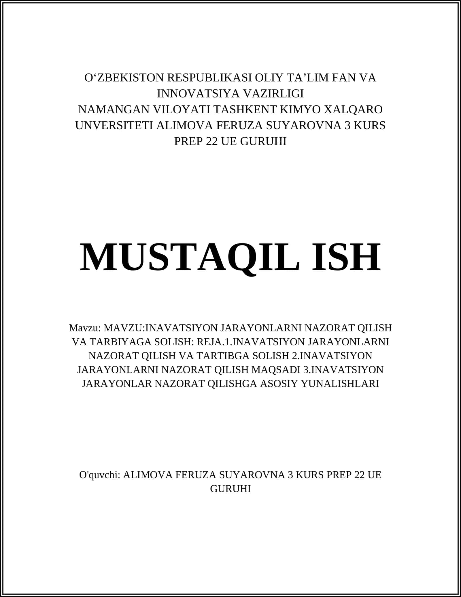 INAVATSIYON JARAYONLARNI NAZORAT QILISH VA TARBIYAGA SOLISH 1
