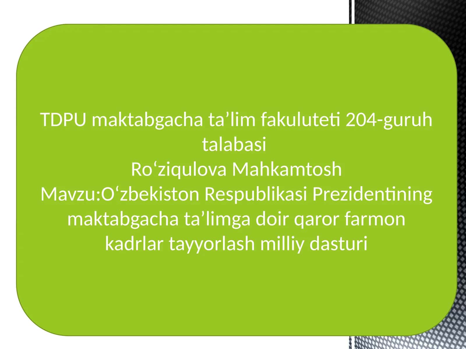 O‘zbekiston Respublikasi Prezidentining maktabgacha ta’lim gadoirqaror farmoni kadrlar tayyorlash milliy dasturi 1