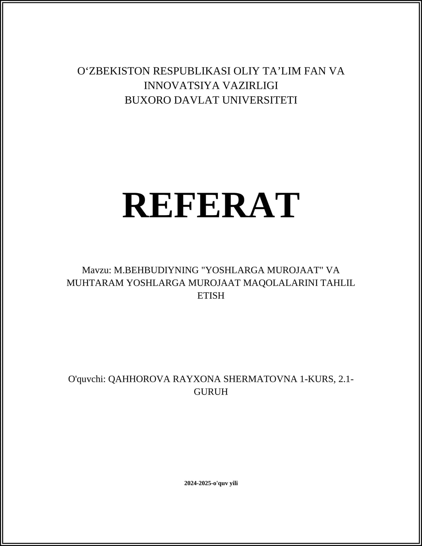 M.Behbudiying "Yoshlarga murojaat" va muhtaram yoshlarga murojaat maqolalarini tahlil etish 1