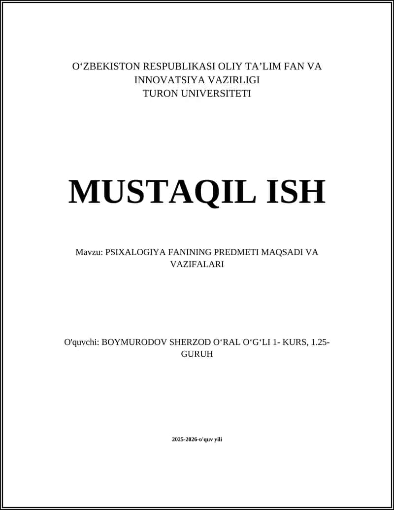 PSIXALOGIYA FANINING PREDMETI MAQSADI VA VAZIFALARI 1