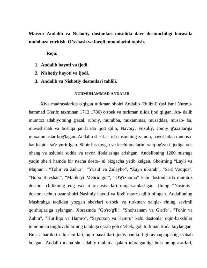 Andalib va Nishotiy dostonlari misolida davr dostonchiligi borasida mulohaza yuritish 1