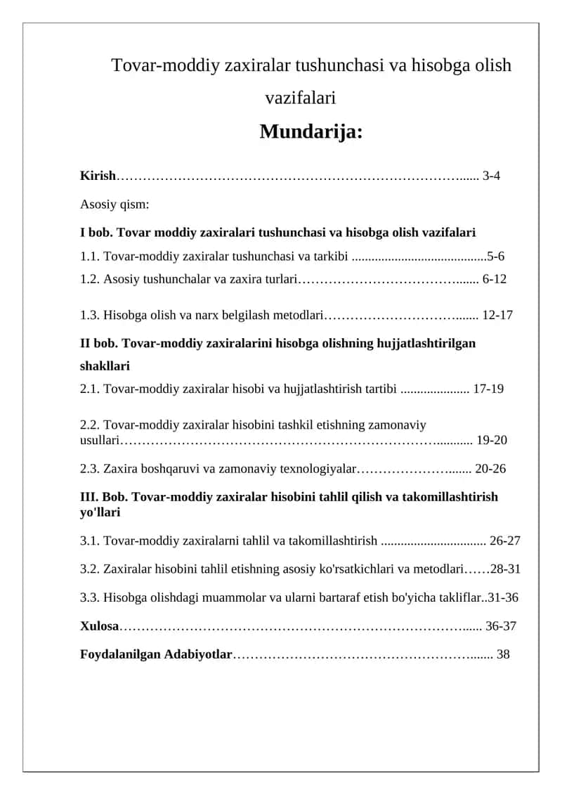 Tovar-moddiy zaxiralar tushunchasi va hisobga olish vazifalari 1