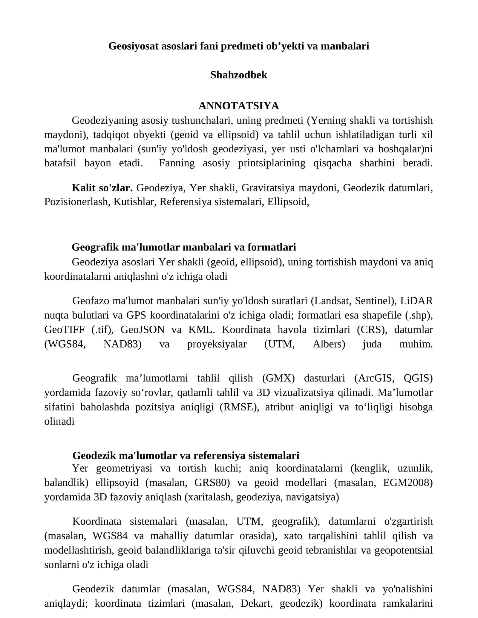 Geosiyosat asoslari fani predmeti obʼyekti va manbalari 1