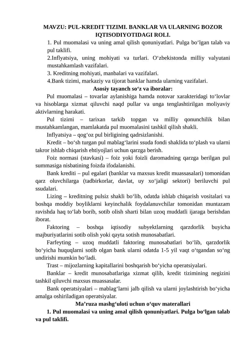 PUL-KREDIT TIZIMI. BANKLAR VA ULARNING BOZOR IQTISODIYOTIDAGI ROLI 1