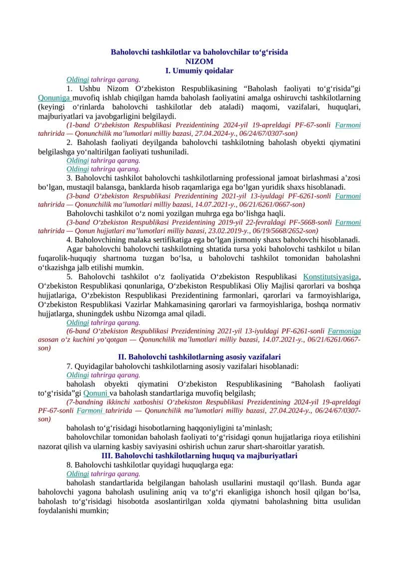 Baholovchi tashkilotlar va baholovchilar to‘g‘risida NIZOM 1