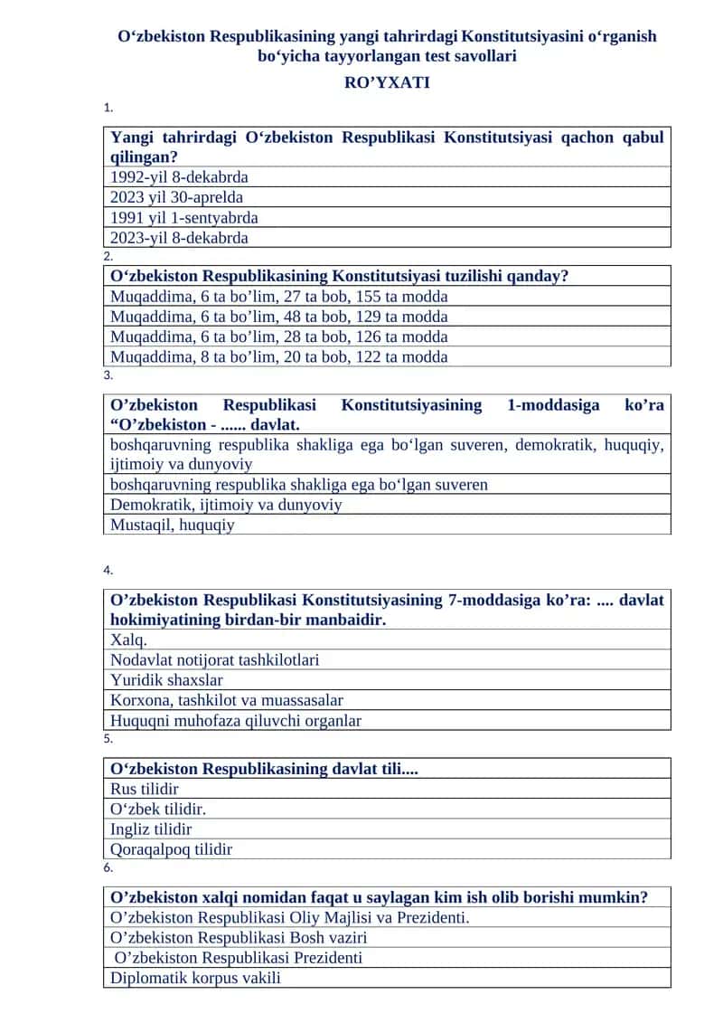 O‘zbekiston Respublikasining yangi tahrirdagi Konstitutsiyasini o‘rganish bo‘yicha tayyorlangan test savollari 1