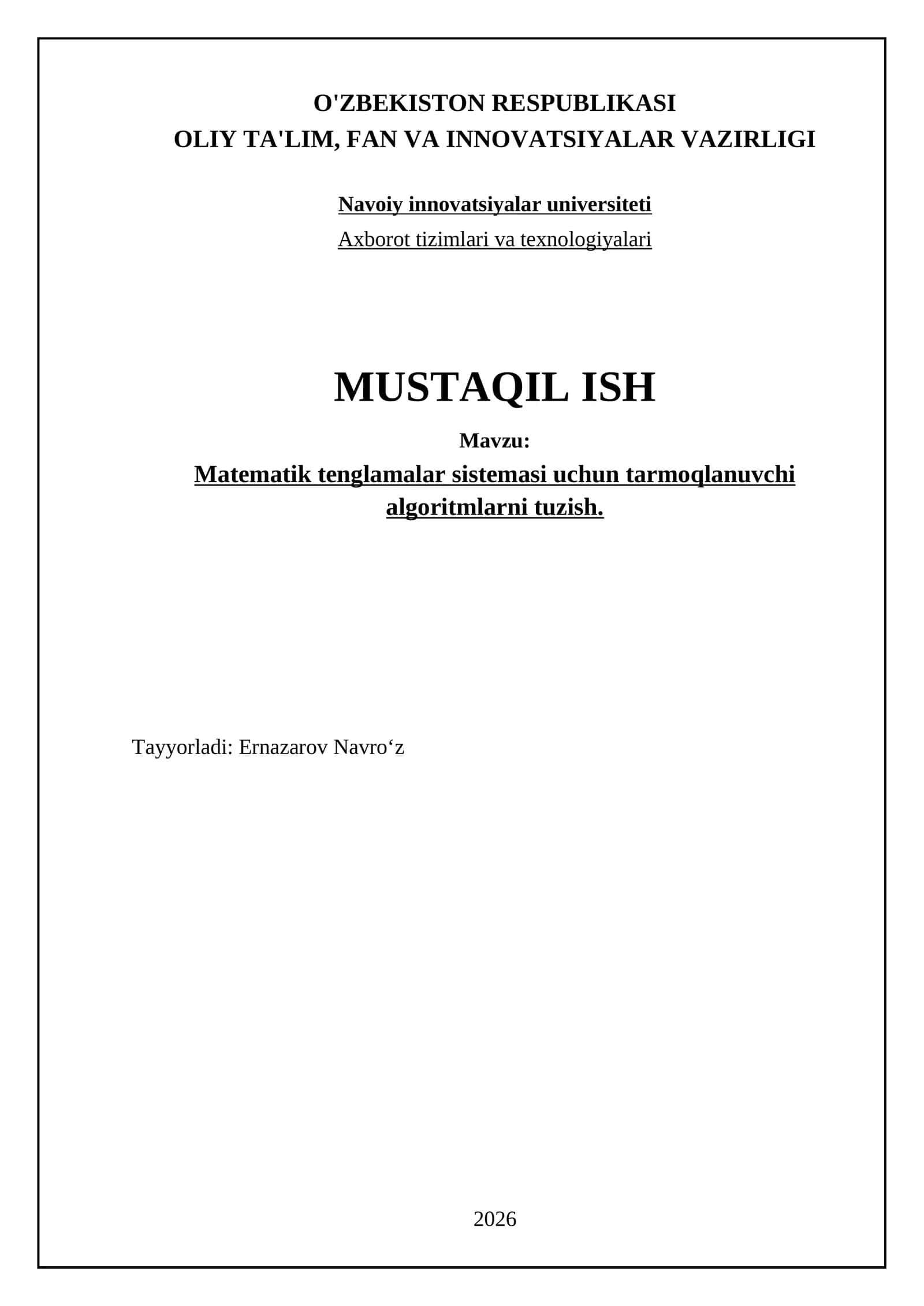 Matematik tenglamalar sistemasi uchun tarmoqlanuvchi algoritmlarni tuzish 1