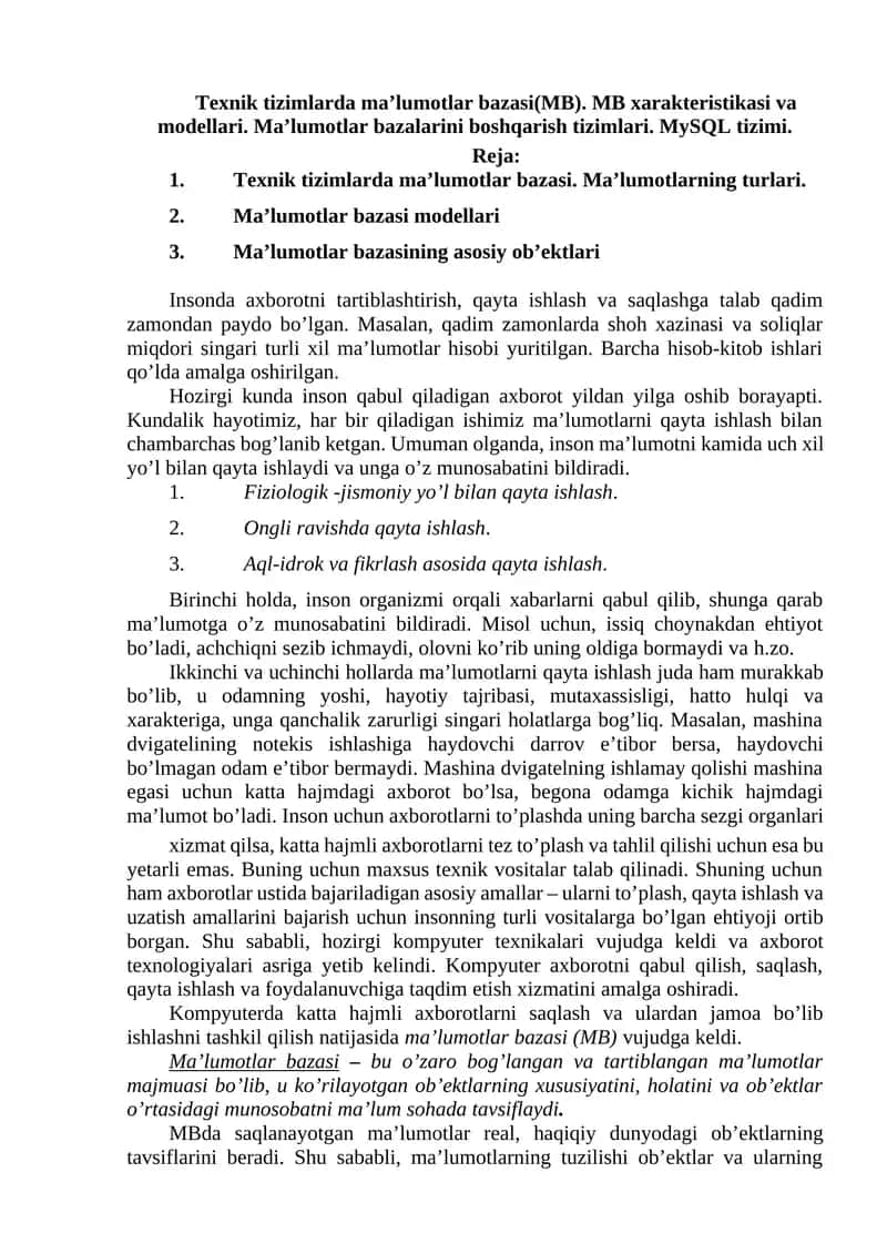 Texnik tizimlarda ma’lumotlar bazasi 1