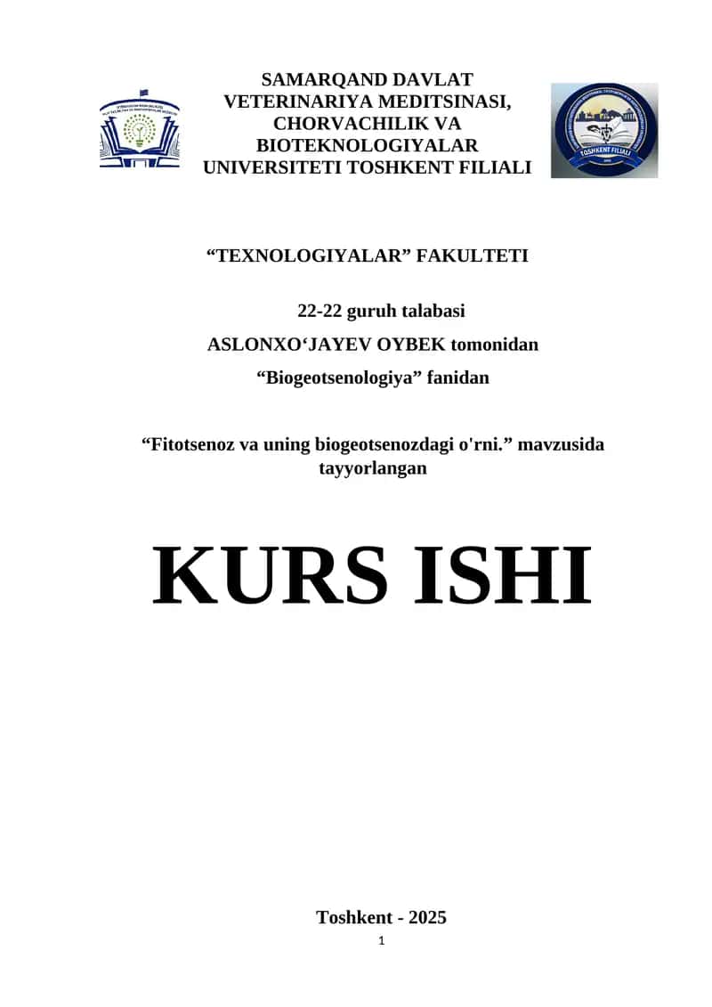 "Fitotsenoz va uning biogeotsenozdagi o'rni." kurs ishi 1