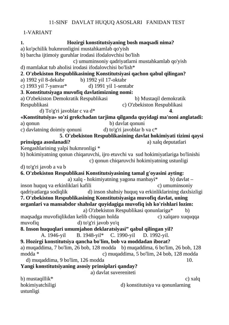 11-SINF DAVLAT HUQUQ ASOSLARI FANIDAN TEST 1