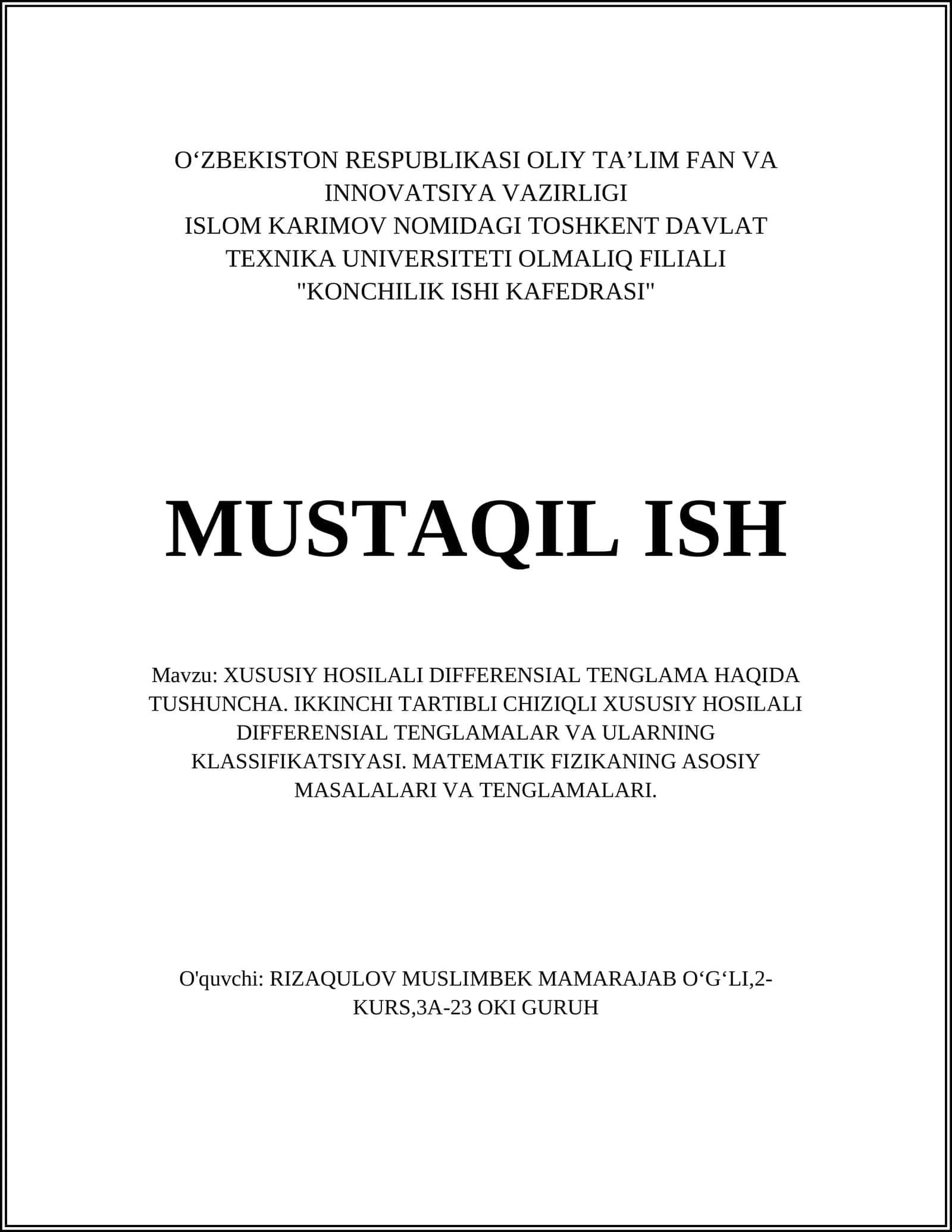 XUSUSIY HOSILALI DIFFERENSIAL TENGLAMA HAQIDA TUSHUNCHA 1