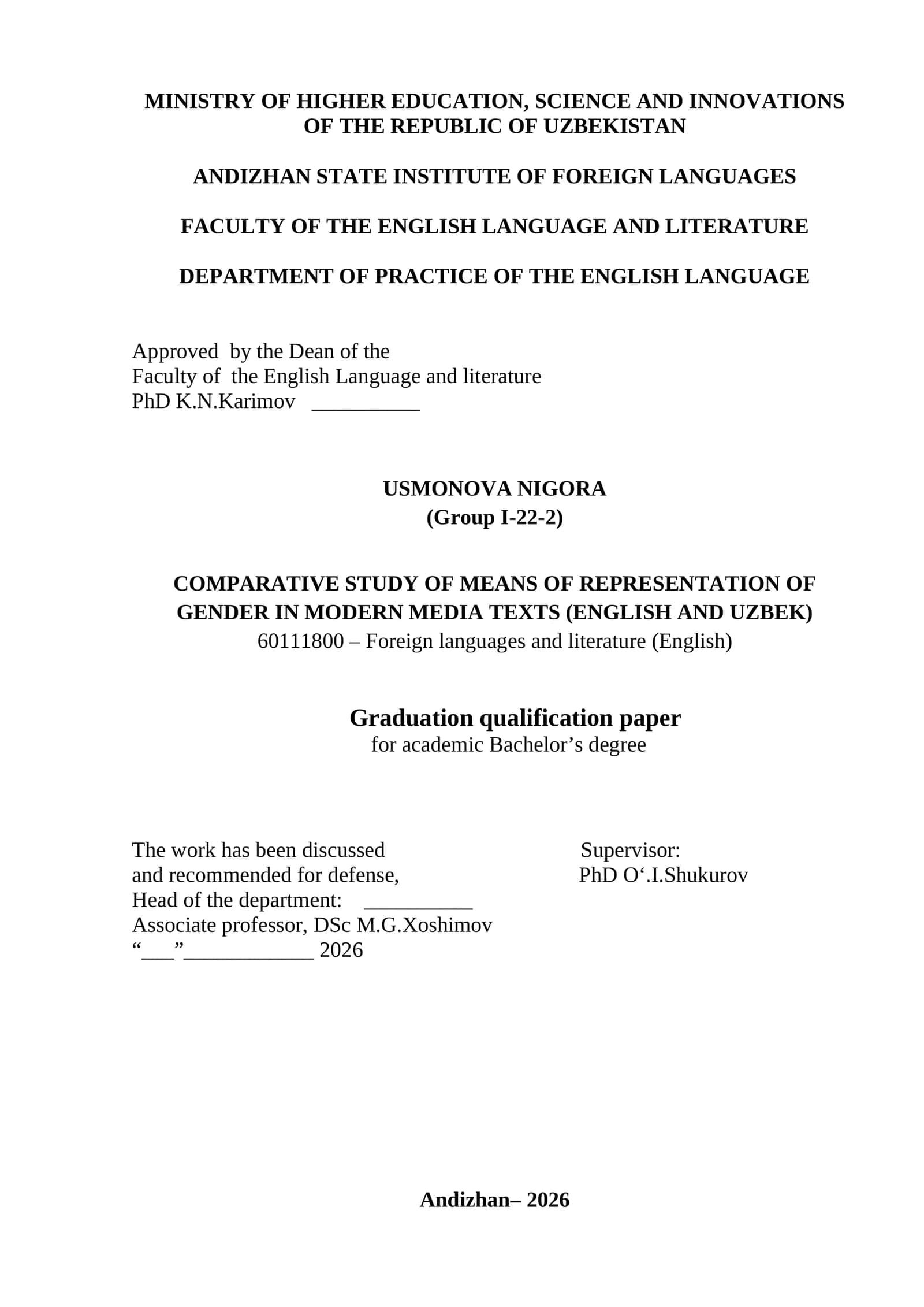COMPARATIVE STUDY OF MEANS OF REPRESENTATION OF GENDER IN MODERN MEDIA TEXTS (ENGLISH AND UZBEK) 1