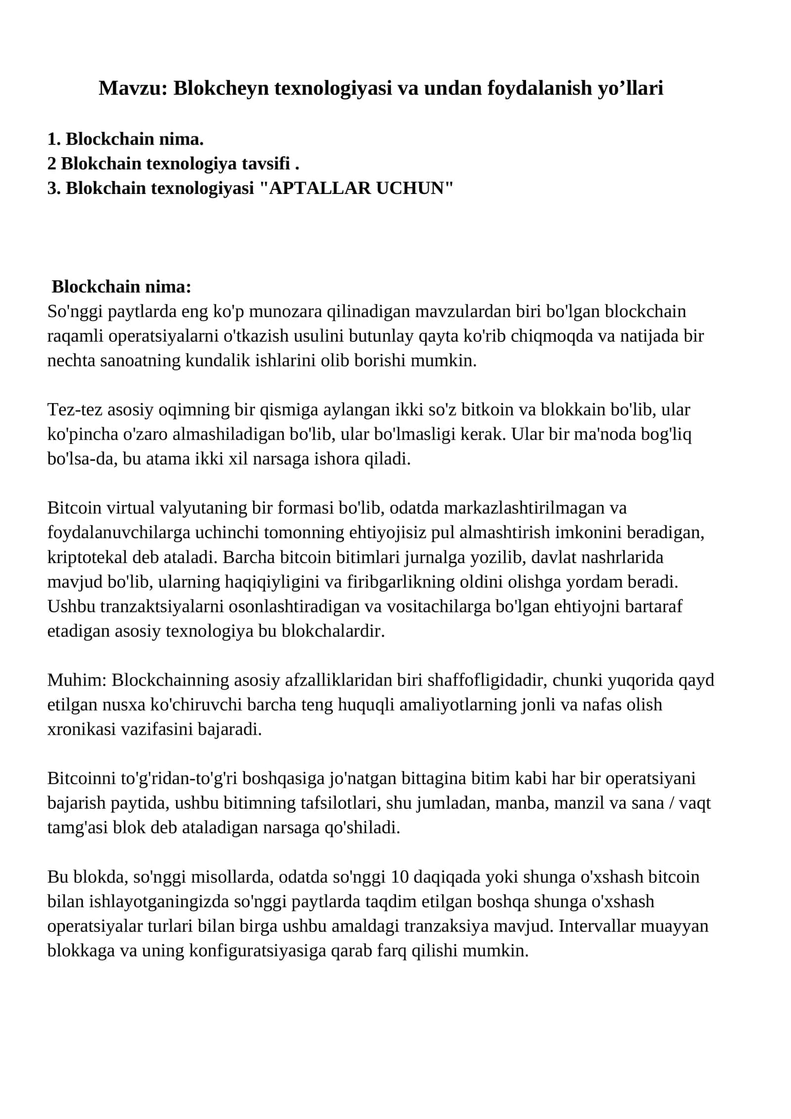 Blokcheyn texnologiyasi va undan foydalanish yo’llari 1