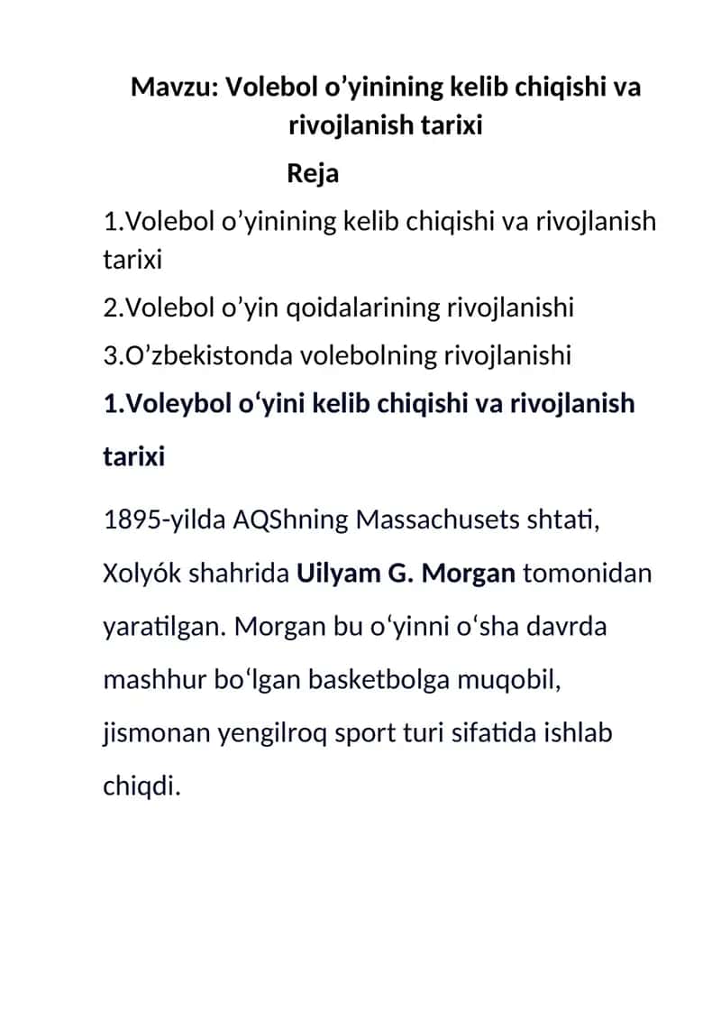 Volebol o’yinining kelib chiqishi va rivojlanish tarixi 1