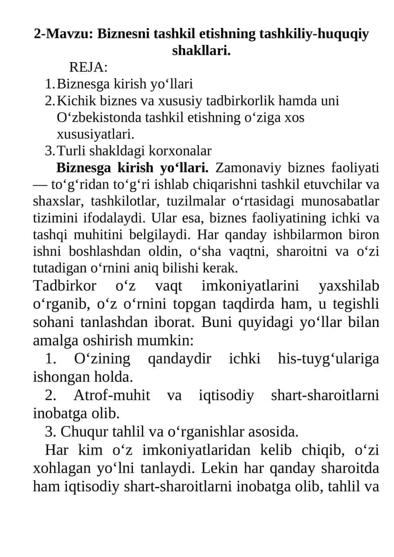 Biznesni tashkil etishning tashkiliy-huquqiy shakllari 1