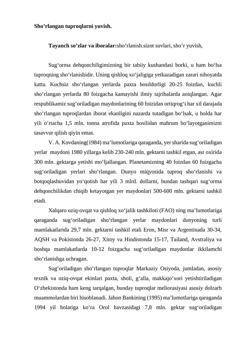 Sho’rlangan tuproqlarni yuvish. 1