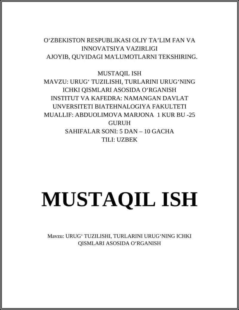 URUGʻ TUZILISHI, TURLARINI URUGʻNING ICHKI QISMLARI ASOSIDA OʻRGANISH 1