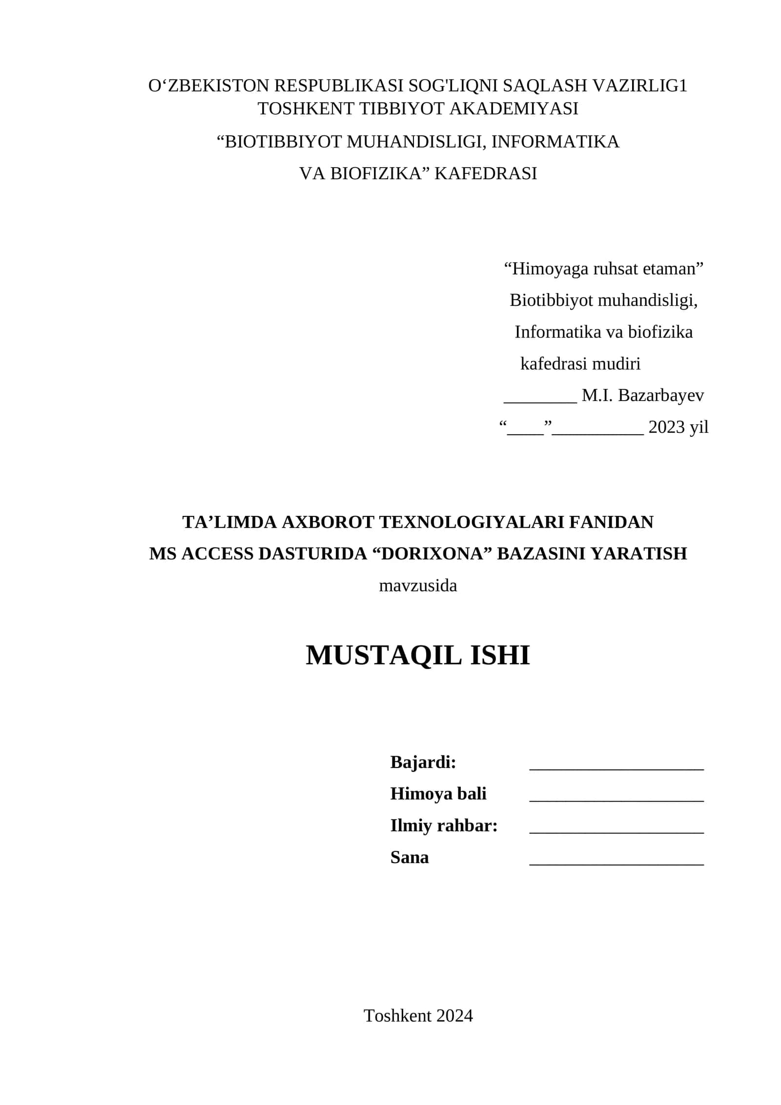 MS ACCESS DASTURIDA “DORIXONA” BAZASINI YARATISH 1