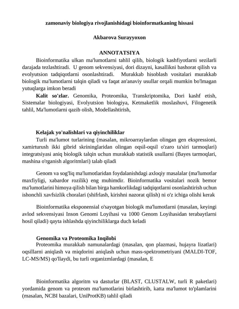 Zamonaviy biologiya rivojlanishidagi bioinformatkaning hissasi 1