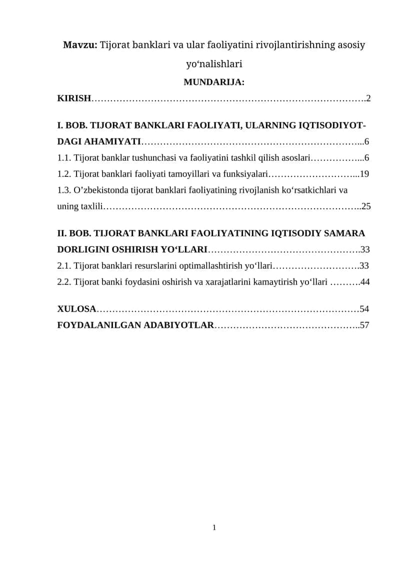 Tijorat banklari va ular faoliyatini rivojlantirishning asosiy yo‘nalishlari 1