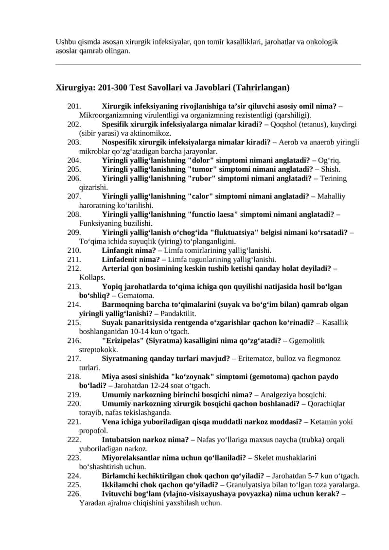 Xirurgiya: 201-300 Test Savollari va Javoblari (Tahrirlangan) 1