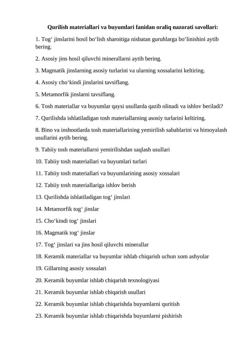 Qurilish materiallari va buyumlari fanidan oraliq nazorati savollari 1