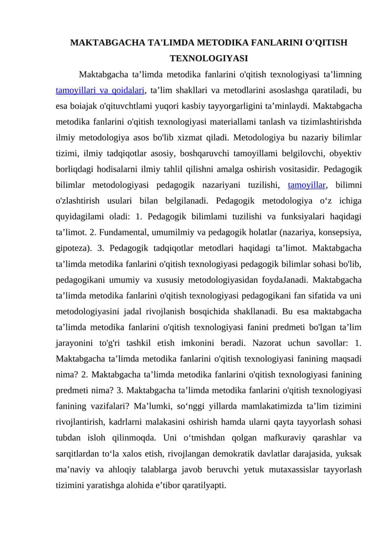 Maktabgacha ta'limda Metodika Fanlarini o'qitish Texnologiyasi 1