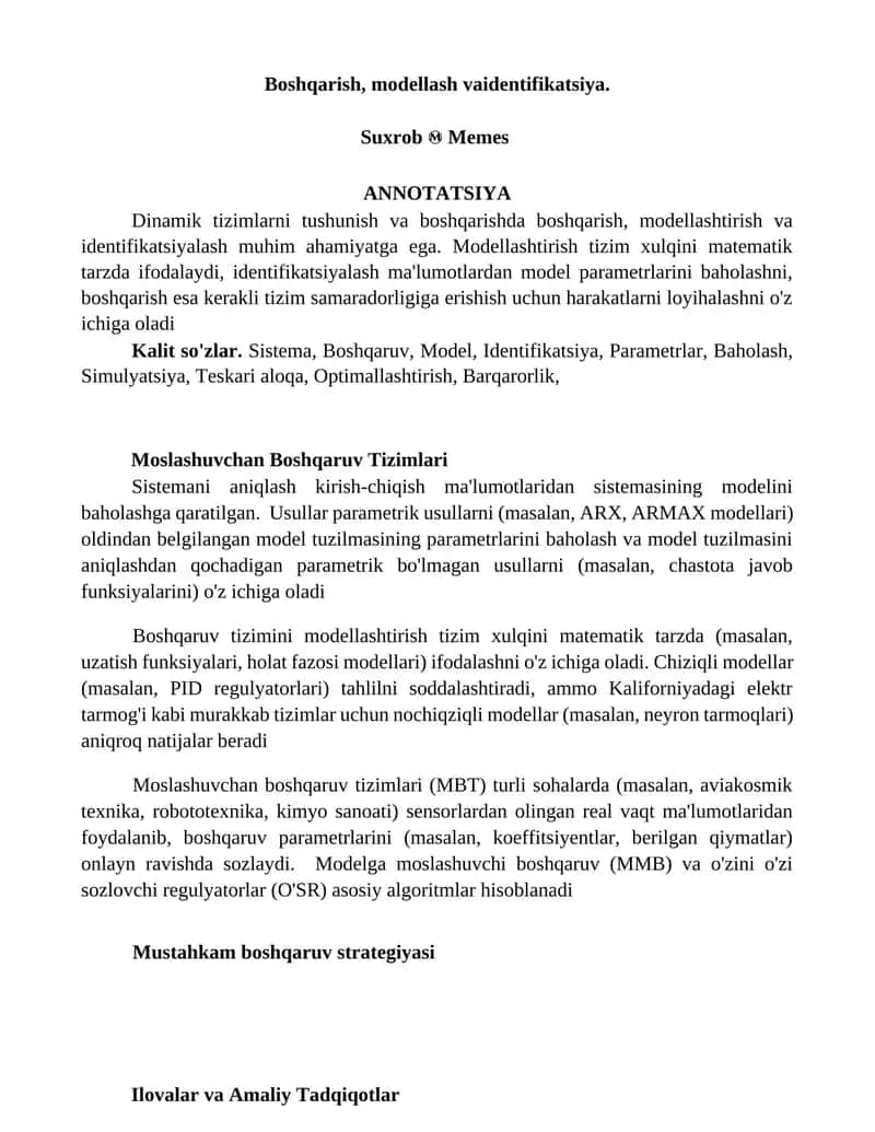 Moslashuvchan Boshqaruv Tizimlari 1