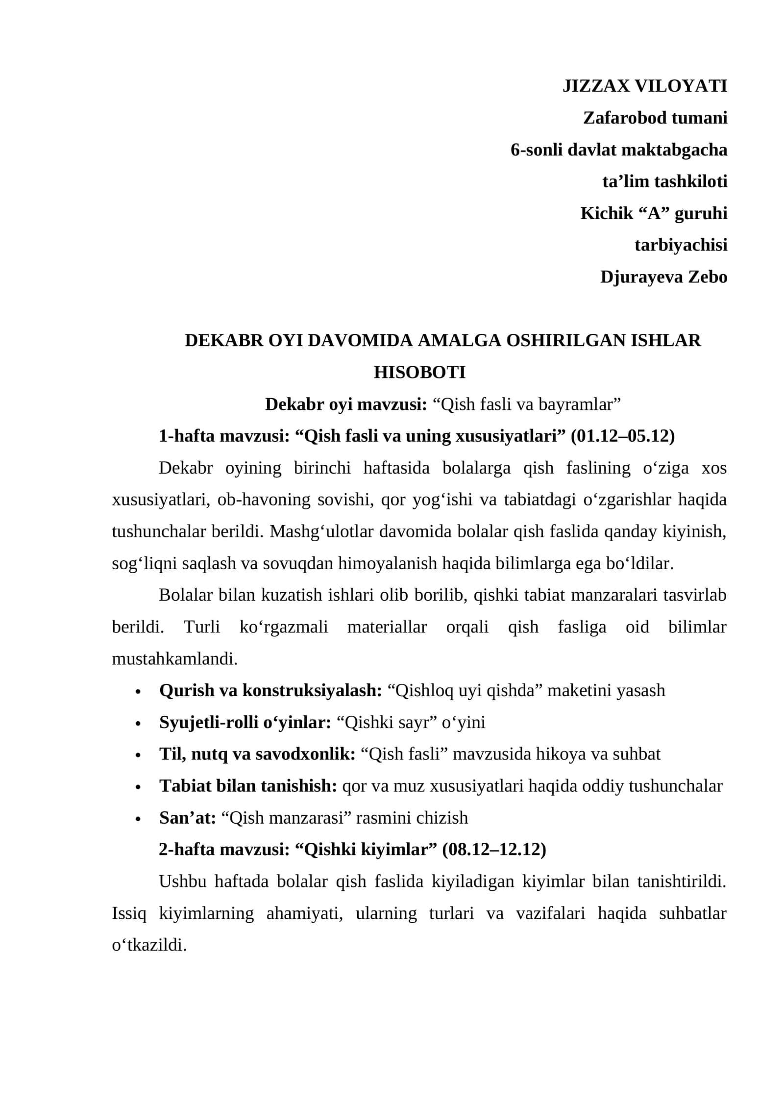 Maktabgacha ta'lim tarbiyachisi uchun dekabr hisoboti 1