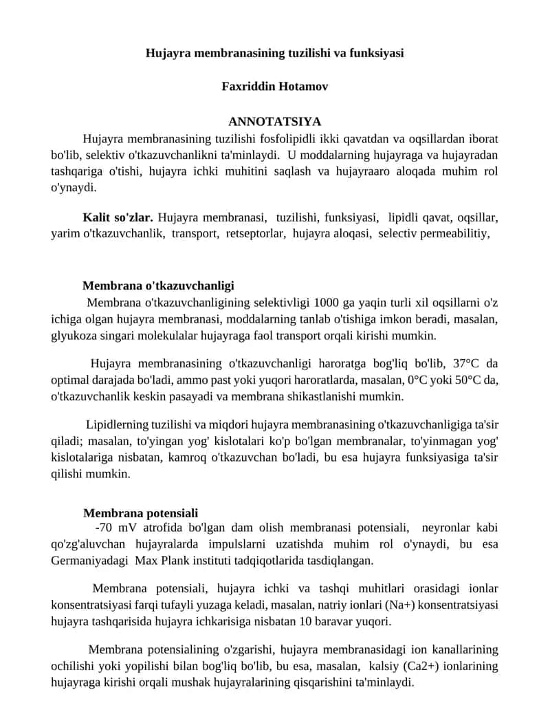 Hujayra membranasining tuzilishi va funksiyasi 1
