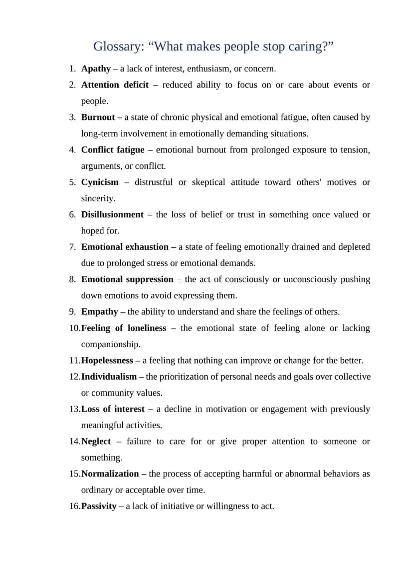 Glossary: “What makes people stop caring?” 1