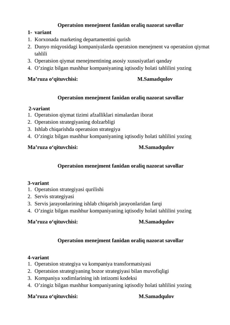 Operatsion menejment fanidan oraliq nazorat savollar 1