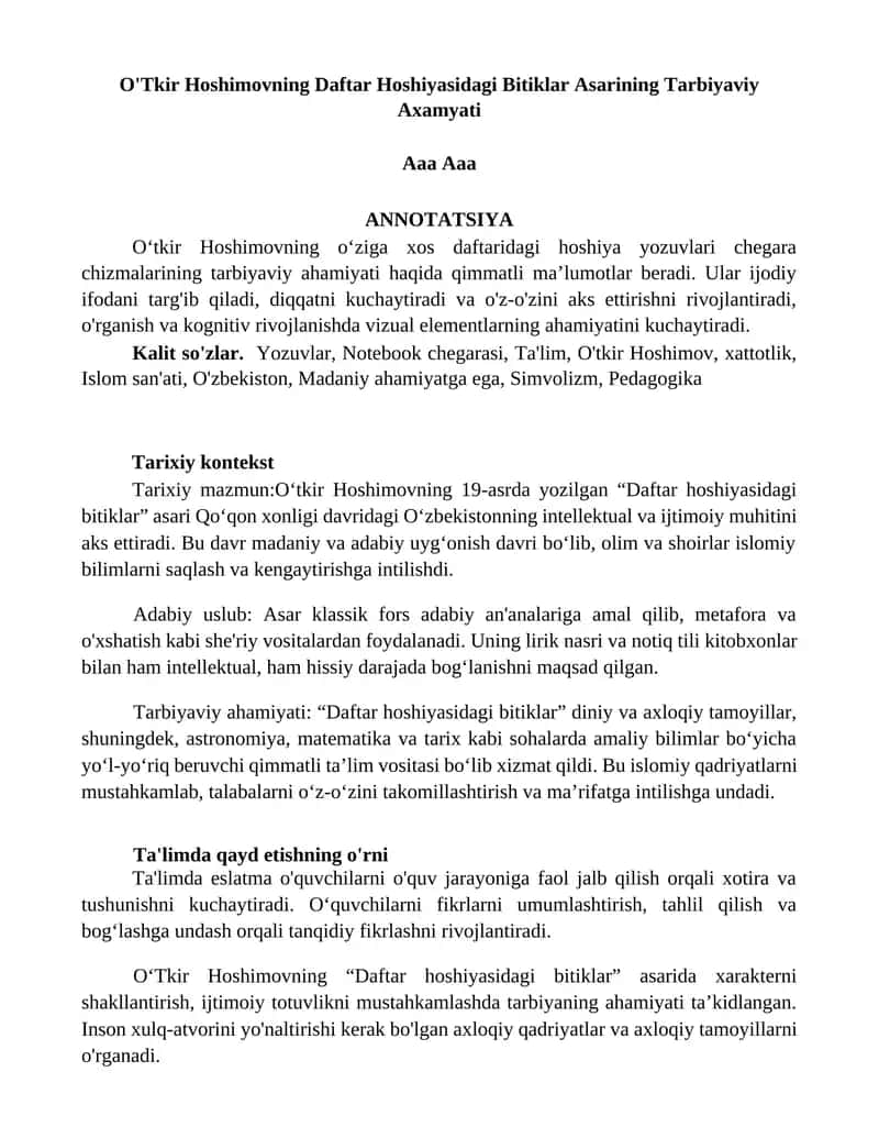O'Tkir Hoshimovning Daftar Hoshiyasidagi Bitiklar Asarining Tarbiyaviy Axamyati 1